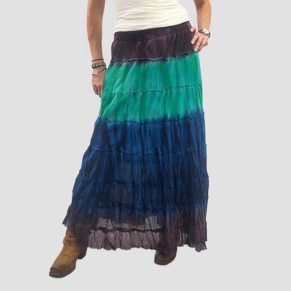 Jewel Tone Tiered Flowy Tie Dye Colorway Boho Maxi Skirt Sz M - Picture 1 of 9